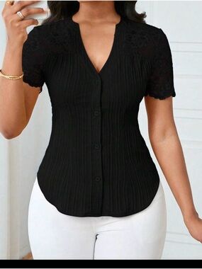 Black Lace Sleeve Button-Front Women's Top in